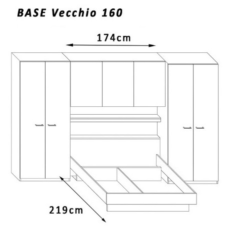Base Vecchio brugkamer,bed 160x200,bovenbouwkamer,kastjes,bergruimte boven bed